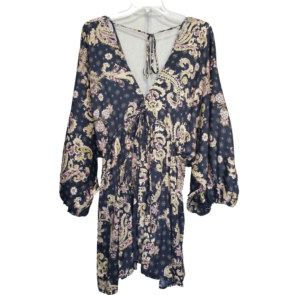 Free People Printed Exaggerated Sleeve Tie-Back Arzel Mini Dress Size L Boho